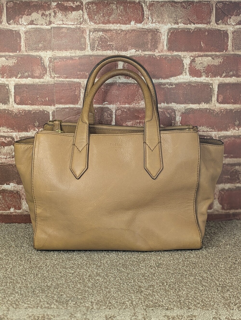 Fossil Knox Satchel Purse Tan Camel Brown Pebbled Leather Dual Top Handle